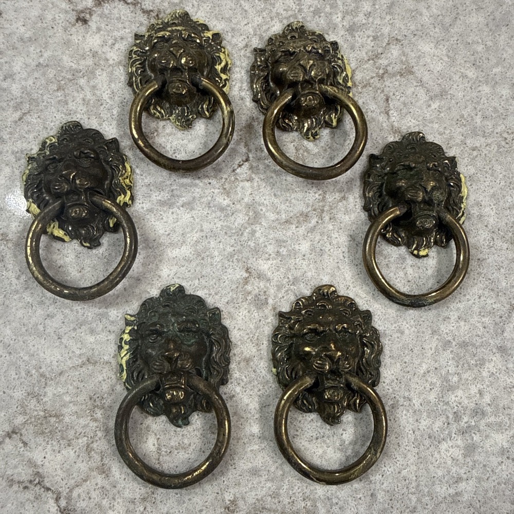 6 Vintage Brass Lion Head Dresser Chest Drawer Knob Cabinet Pull Patina 3D READ